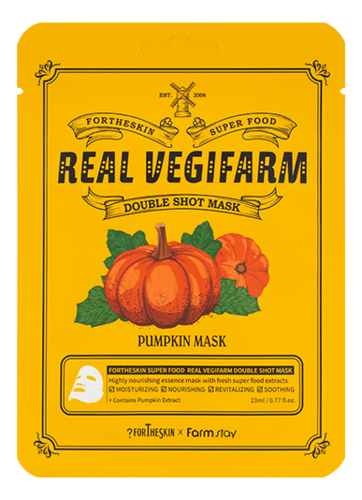 тканевая маска для лица с экстрактом тыквы super food real vegifarm double shot mask pumpkin 23мл: маска 1шт