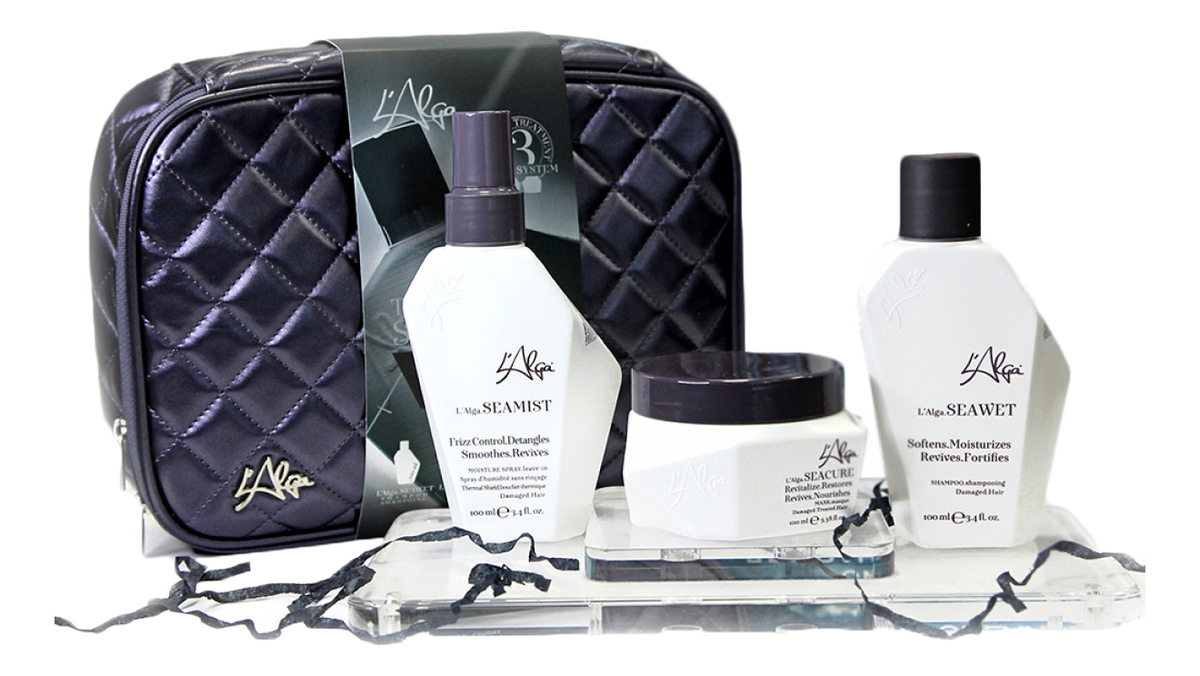 дорожный набор для термозащиты волос в фиолетовой стеганой косметичке seazone beauty bag 3*100мл (шампунь + маска + спрей термозащитный)