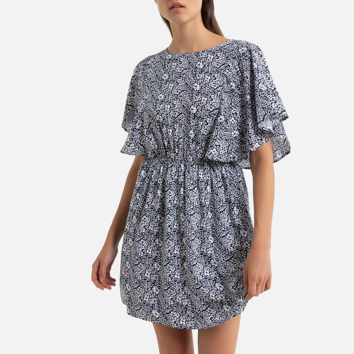 платье с цветочным рисунком и эластичным поясом s синий