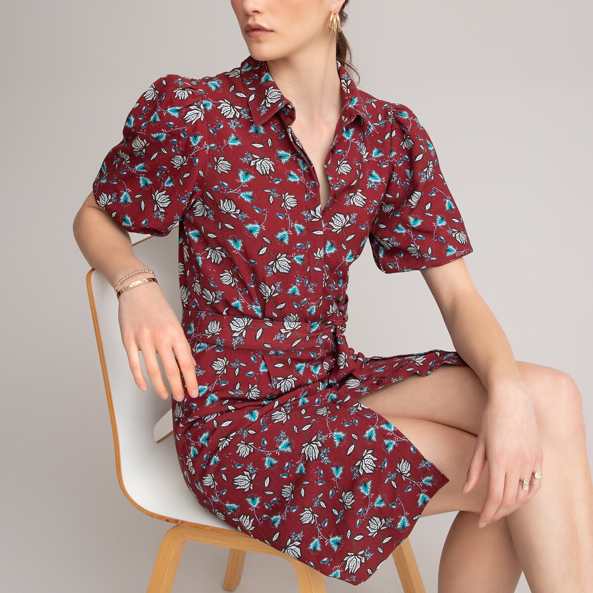 платье-рубашка с цветочным принтом с короткими рукавами 46 красный