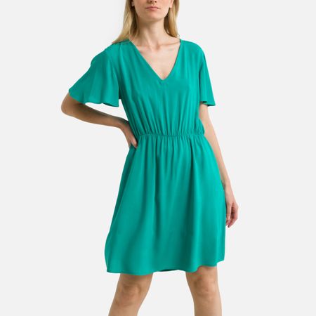 платье укороченное v-образный вырез короткие рукава 40 зеленый