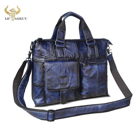 мужской деловой портфель из высококачественной кожи синего цвета
