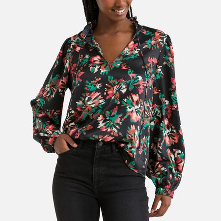 блузка с принтом листья xs черный