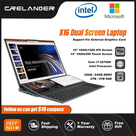 crelander x16 ноутбук с двойным экраном 16 дюймов + 14 дюймов сенсорный экран intel core i7 10750h windows 11 портативный пк ноутбук компьютер
