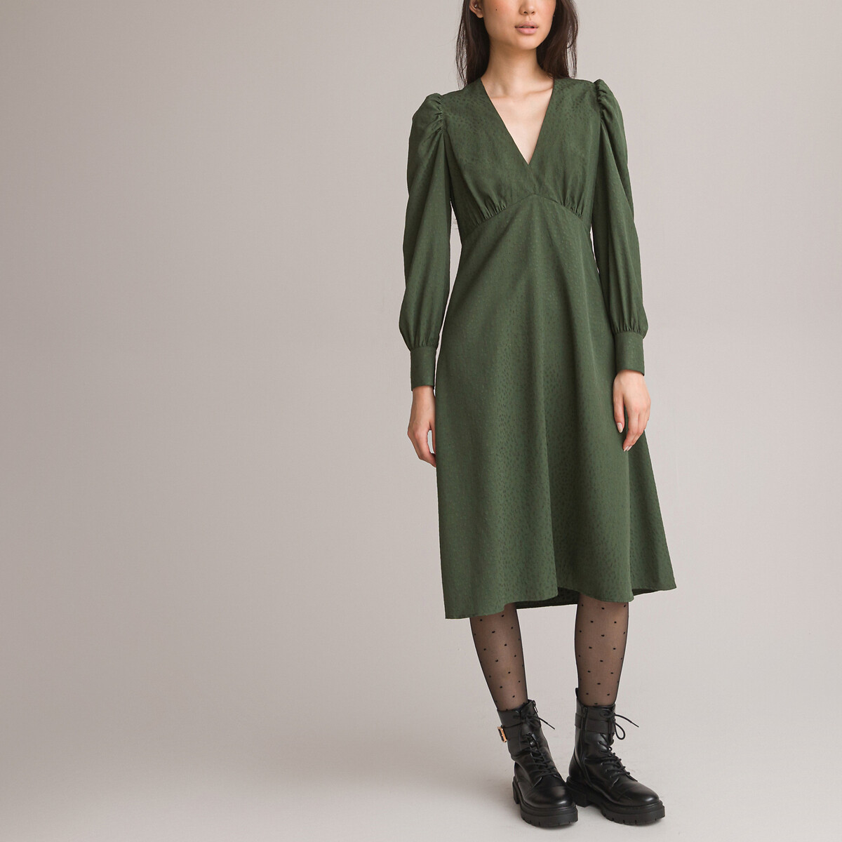 платье с v-образным вырезом с длинными рукавами жаккардовая ткань 50 зеленый