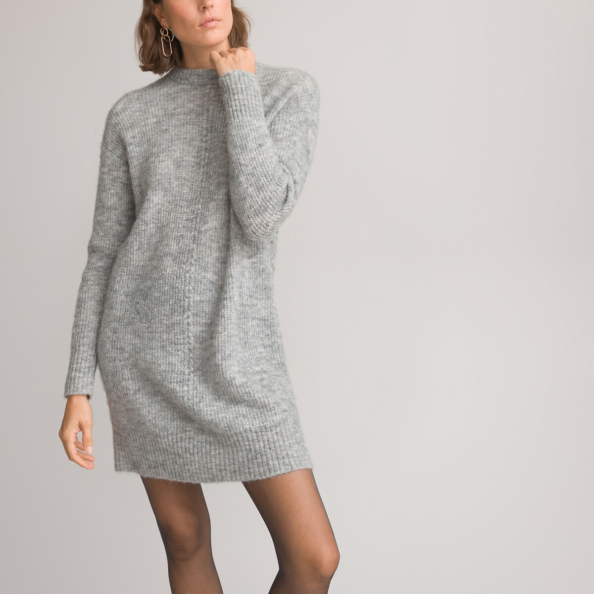 платье-пуловер короткое длинные рукава из смешанной шерсти l серый