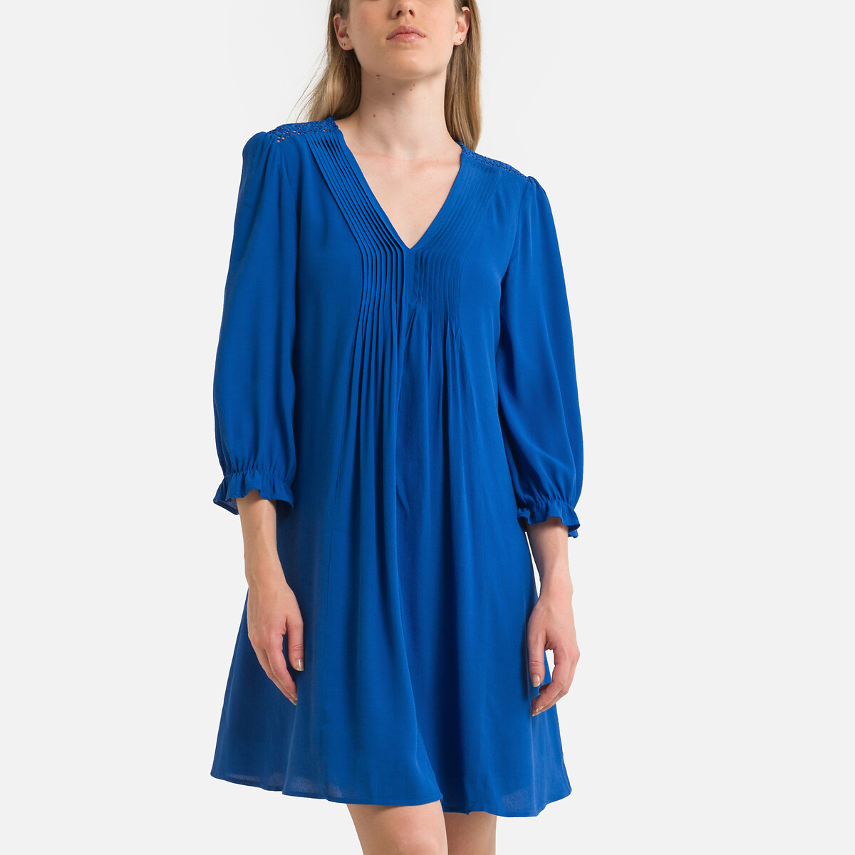 платье короткое с плиссировкой v-образный вырез рукава 34 xl синий