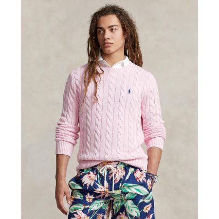 пуловер с круглым вырезом и узором косы из хлопкового трикотажа l розовый