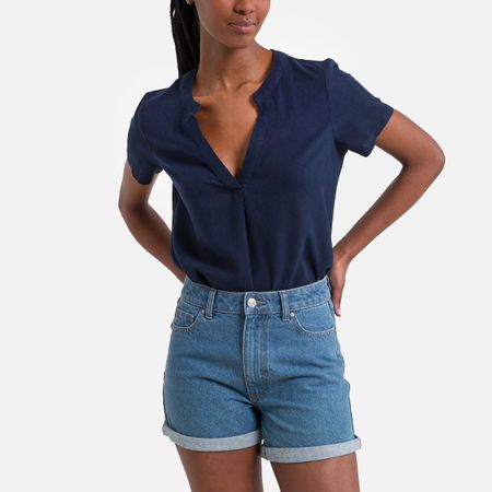 блузка с v-образным вырезом и короткими рукавами s синий