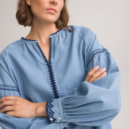блузка объемная из денима с тунисским вырезом и вышивкой 36 (fr) - 42 (rus) синий