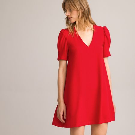платье с v-образным вырезом короткие рукава с напуском 42 красный