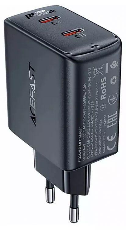 зарядное устройство сетевое acefast a49 pd35w gan (usb-c+usb-c) dual port charger (eu). цвет: черный