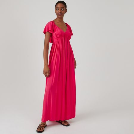 платье-макси длинное рукава с воланами 54 розовый
